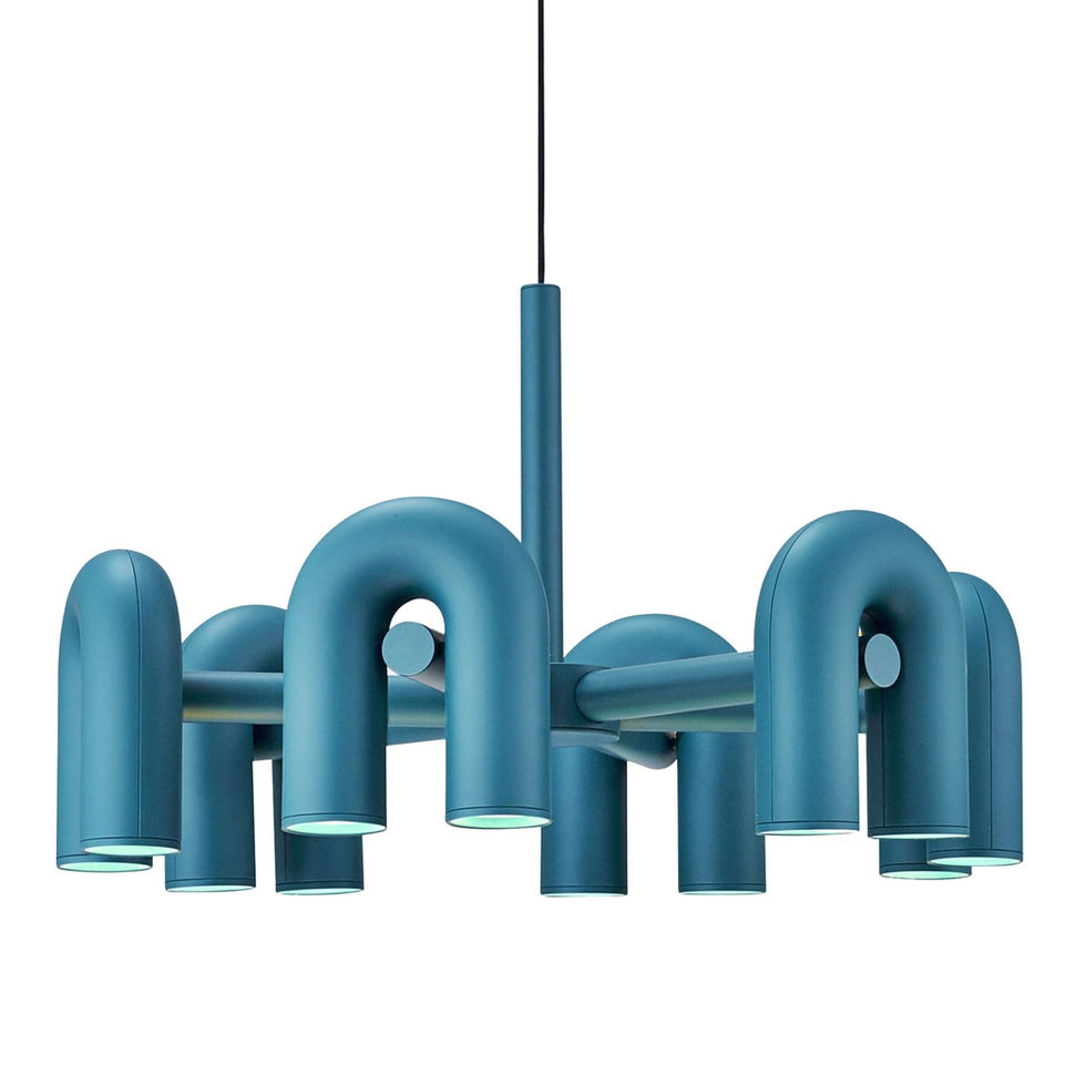 Turquoise modern chandelier with a unique design on a white background Nue Modern