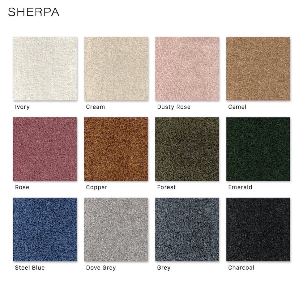 Sherpa fabric swatches in twelve colors: Ivory, Cream, Rose, Steel Blue, Nue Modern