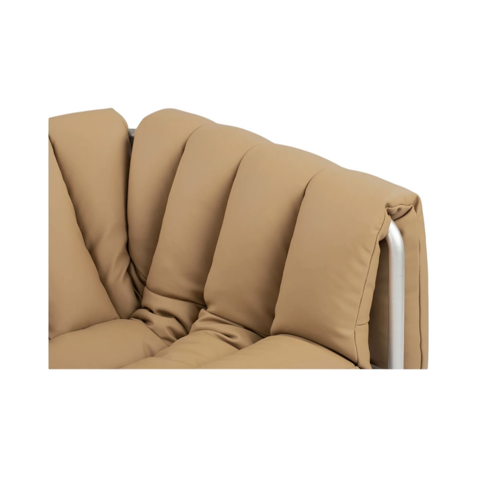 Close-up view of a tan leather chair with a metal frame