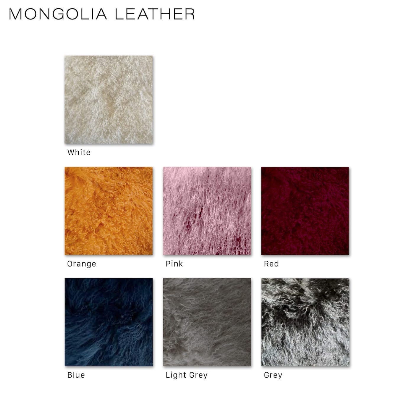 Mongolia Leather, various colors: white, orange, pink, red, blue, light grey, grey.