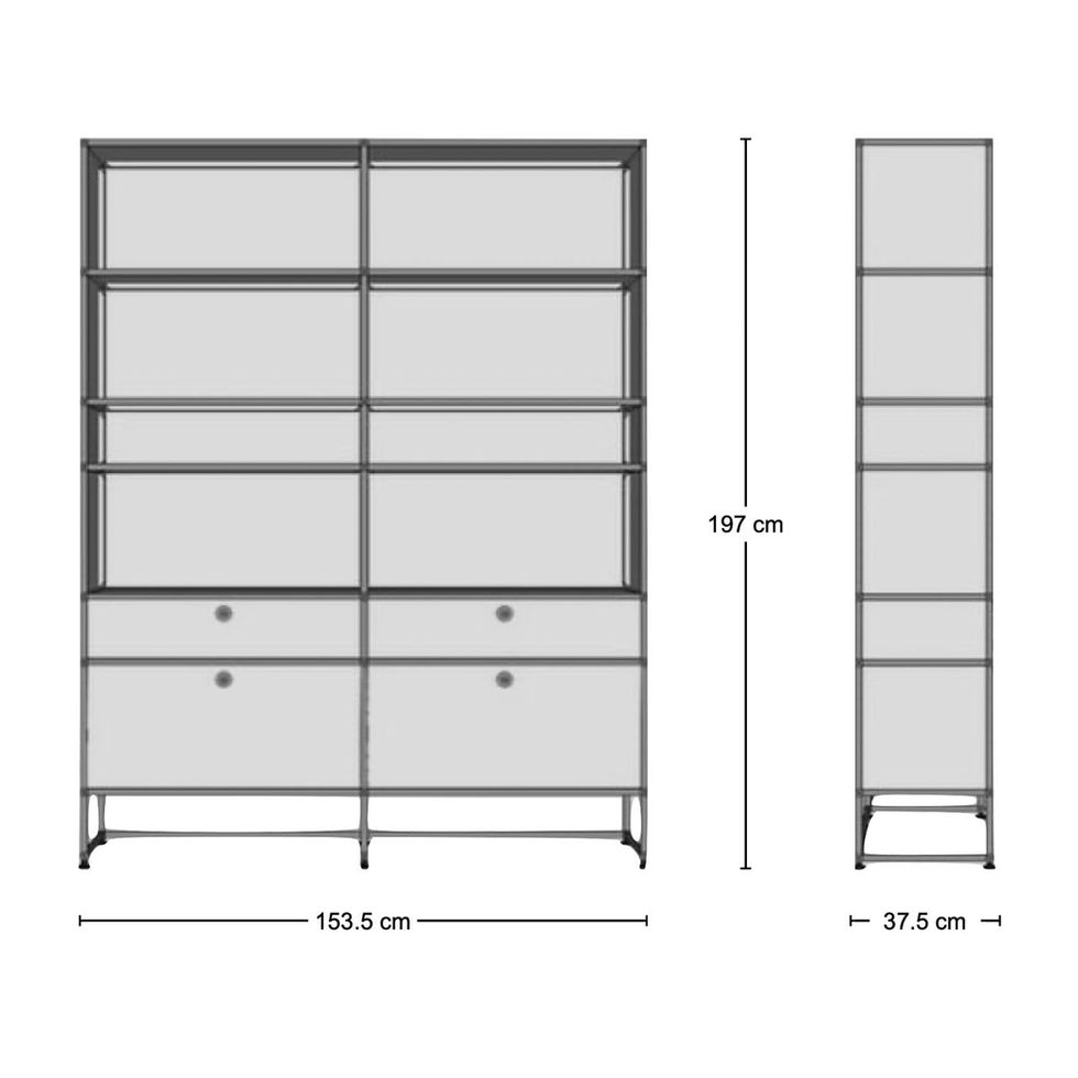 Modern storage unit with drawers. Dimensions: 153.5cm x 197cm x 37.5cm. Nue Modern.