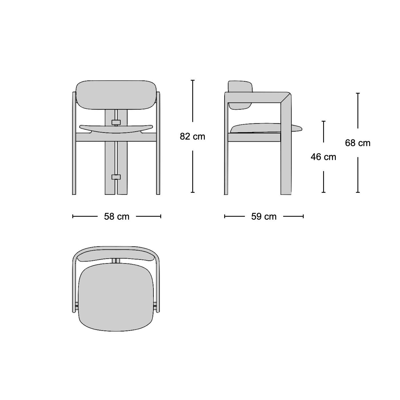 Chair dimensions: 82 cm, 68 cm, 46 cm, 58 cm, 59 cm. Nue Modern chair details.