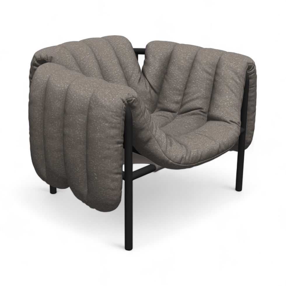 Gray upholstered armchair with black metal frame