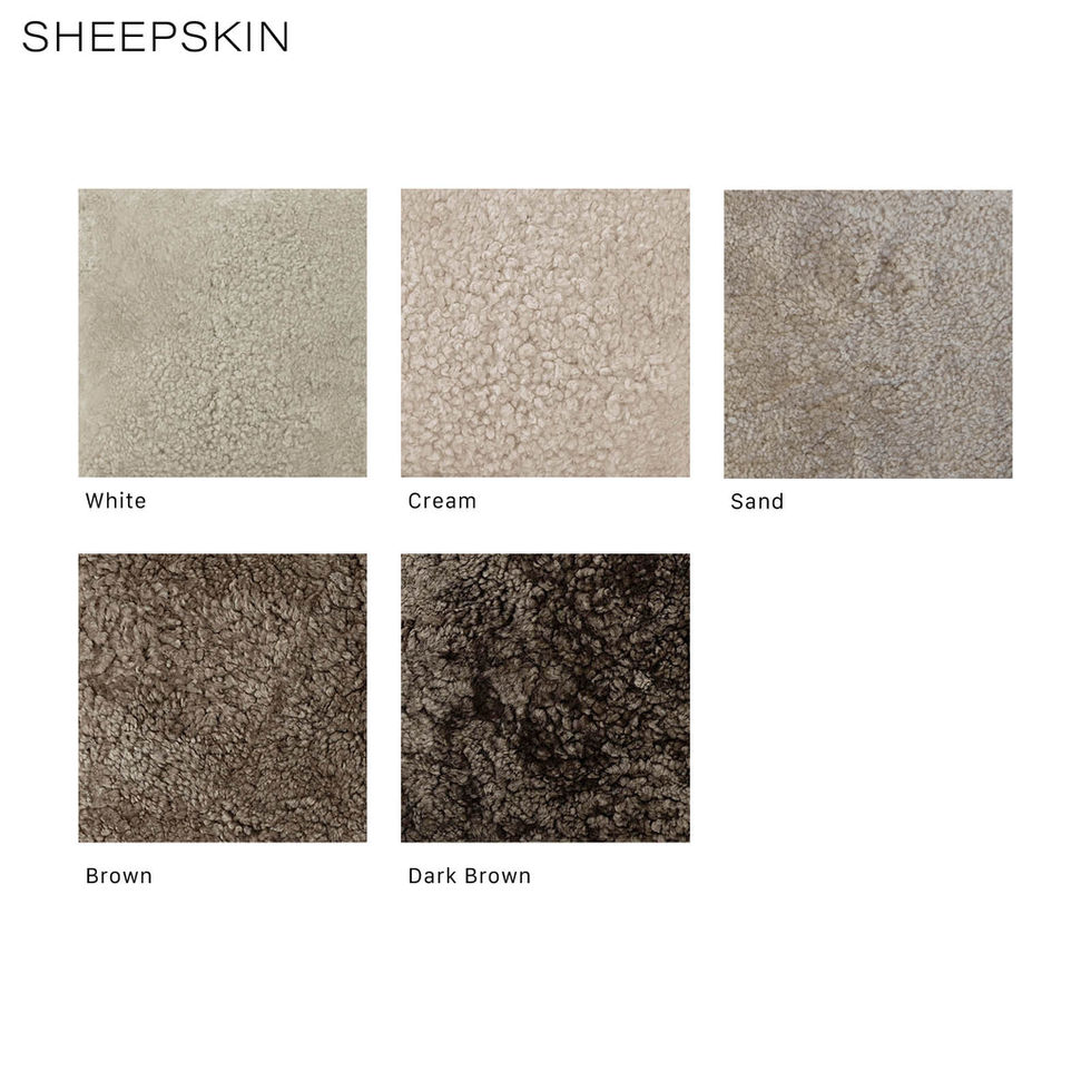 Sheepskin color swatches: White, Cream, Sand, Brown, and Dark Brown