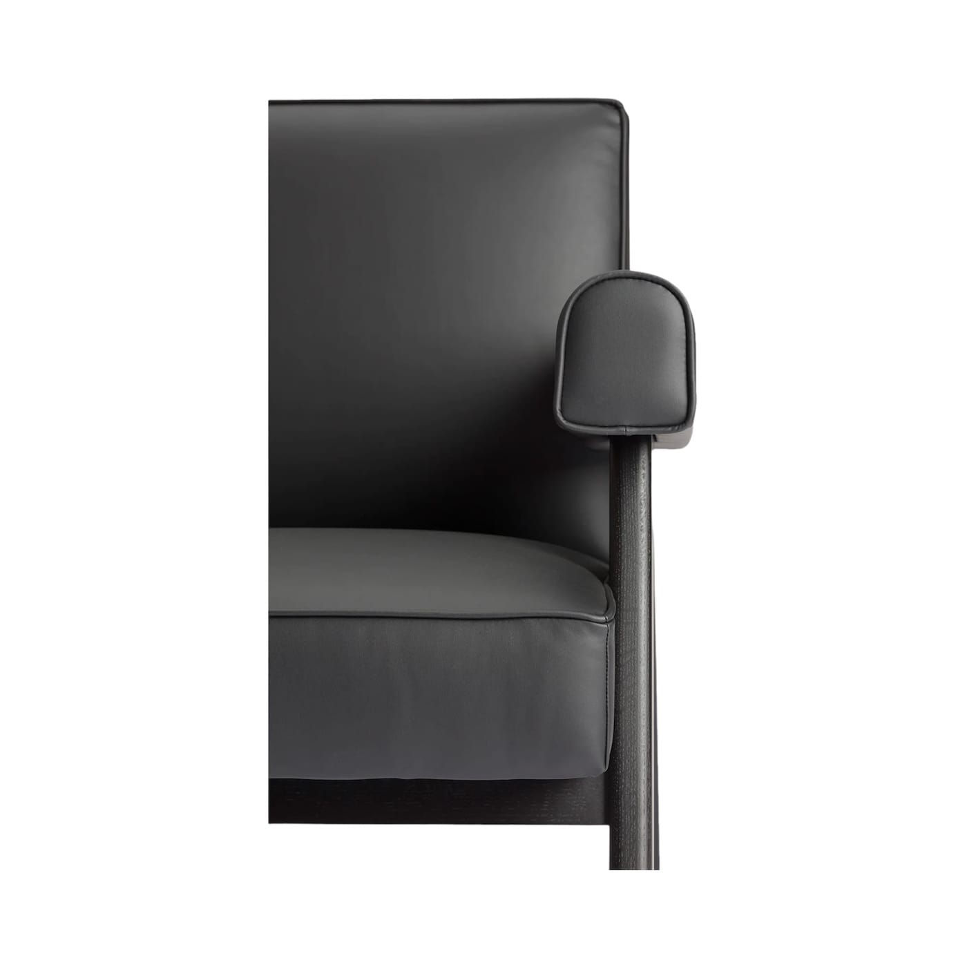 Close-up of black leather armchair with armrest, modern design.