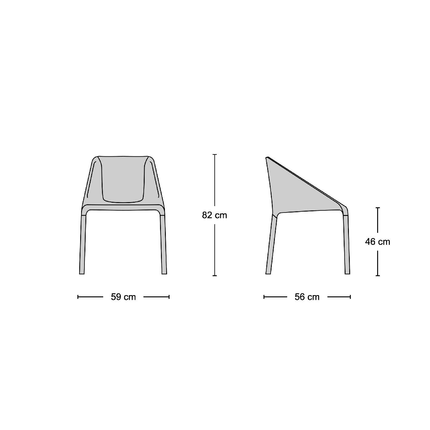 Two line drawings of the Tre 3 Dining Chair with dimensions Nue Modern.