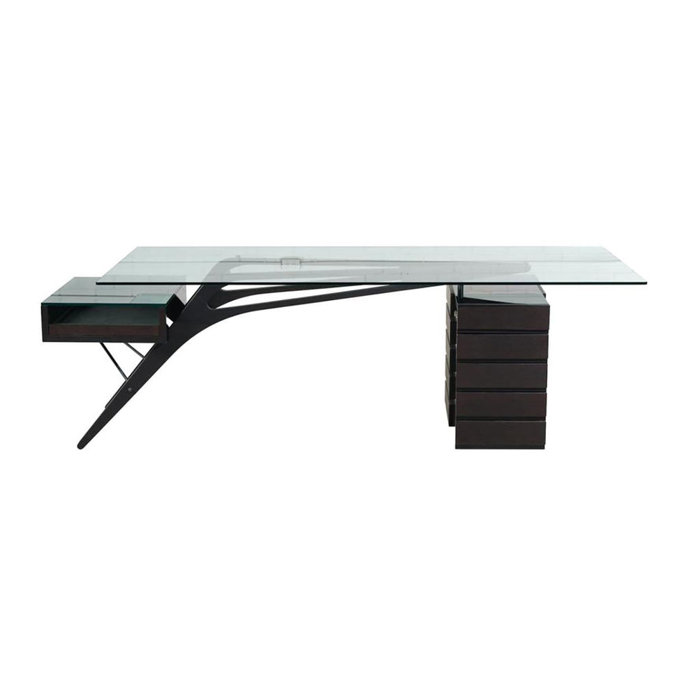 Modern glass desk with dark wooden drawers and support structure Nue Modern