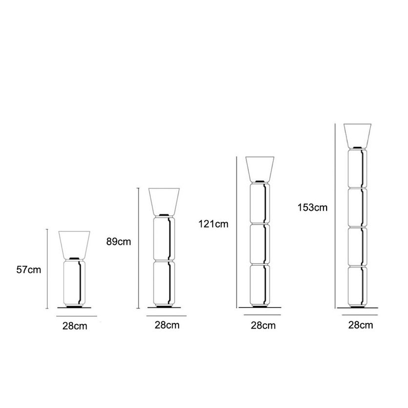 Line drawing of four floor lamp sizes, measuring 57cm, 89cm, 121cm, and 153cm tall