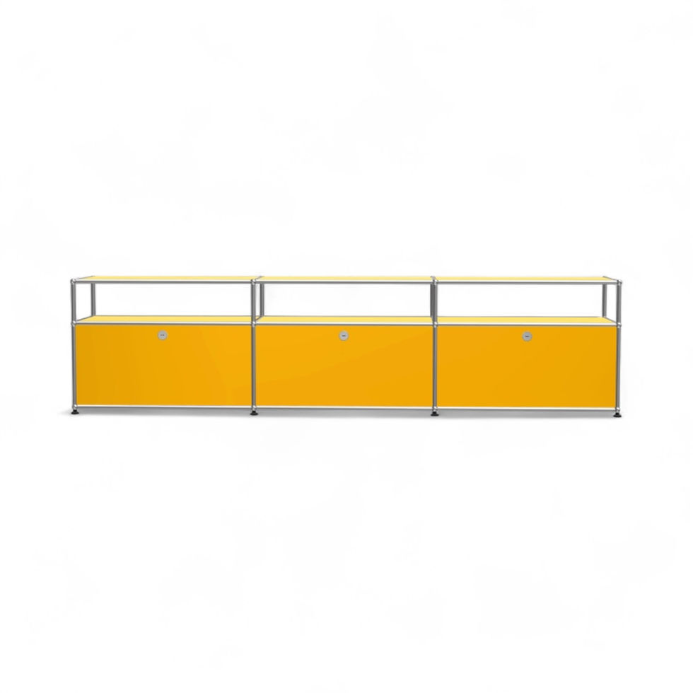 Three yellow cabinets with steel frames, Nue Modern, modern storage solution, office.