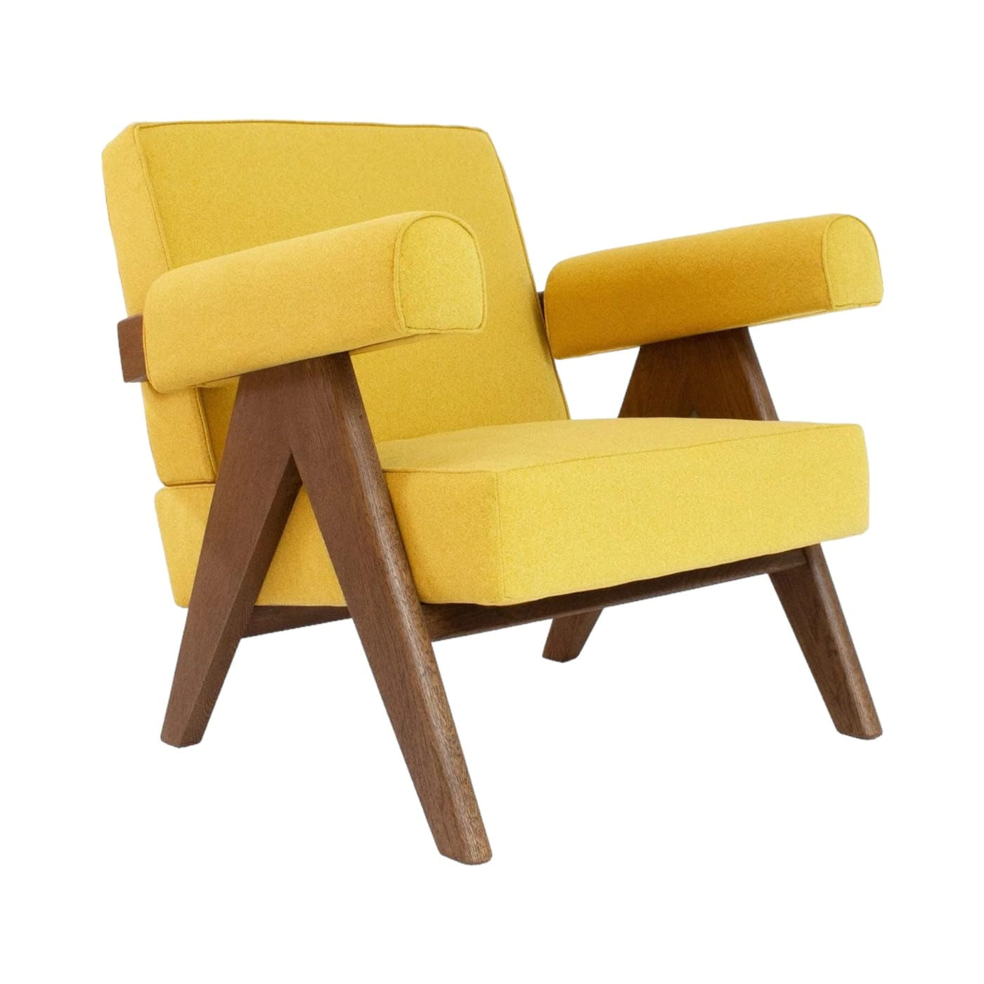 Yellow armchair with wooden frame on white background. Nue Modern.