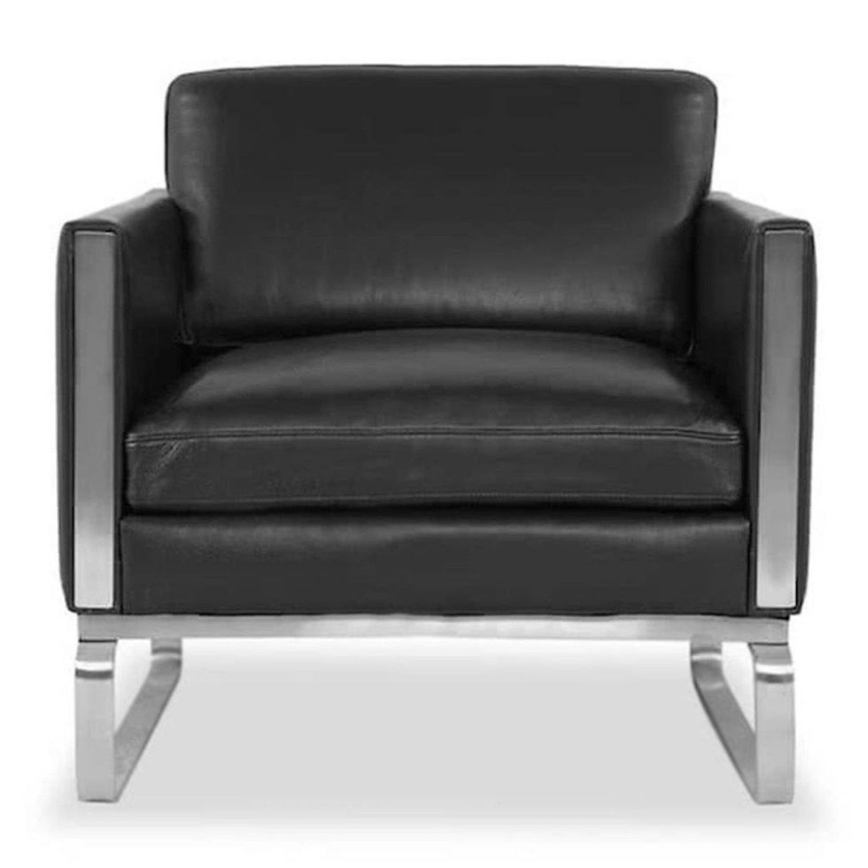 Black leather armchair with modern silver frame, comfortable seating, contemporary design, Nue Modern.