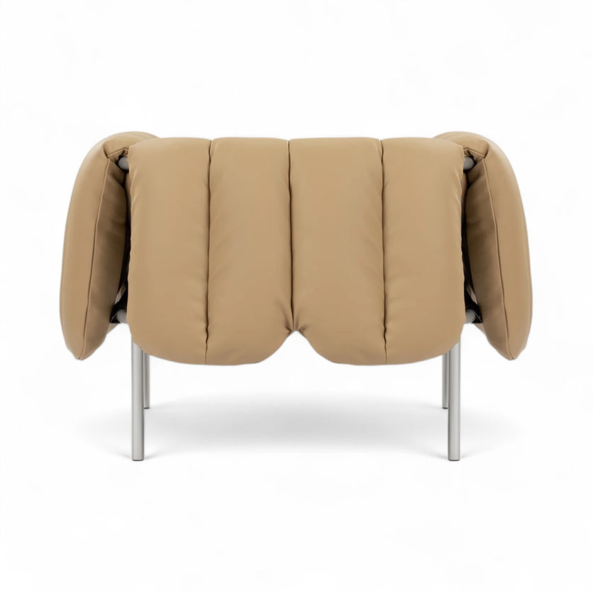 Tan quilted armchair with silver legs, Nue Modern