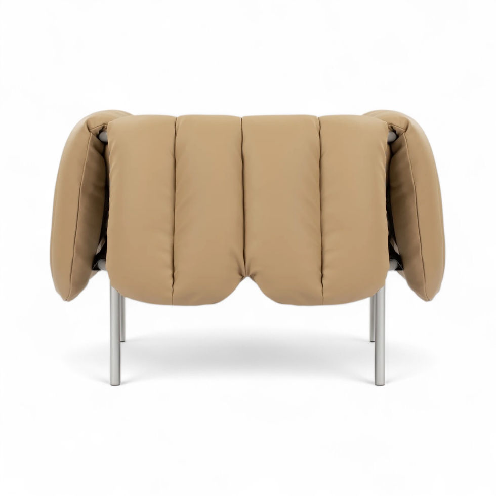 Tan quilted armchair with silver legs, Nue Modern