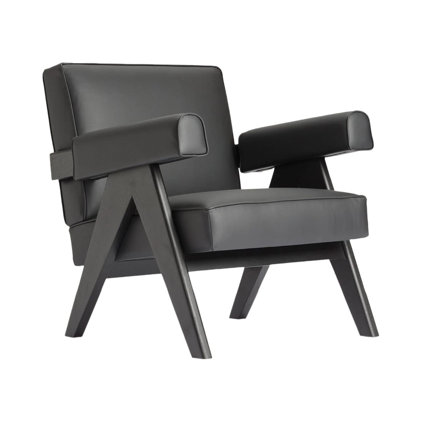 Modern gray armchair, white background, wooden frame, black leather, Nue Modern design.