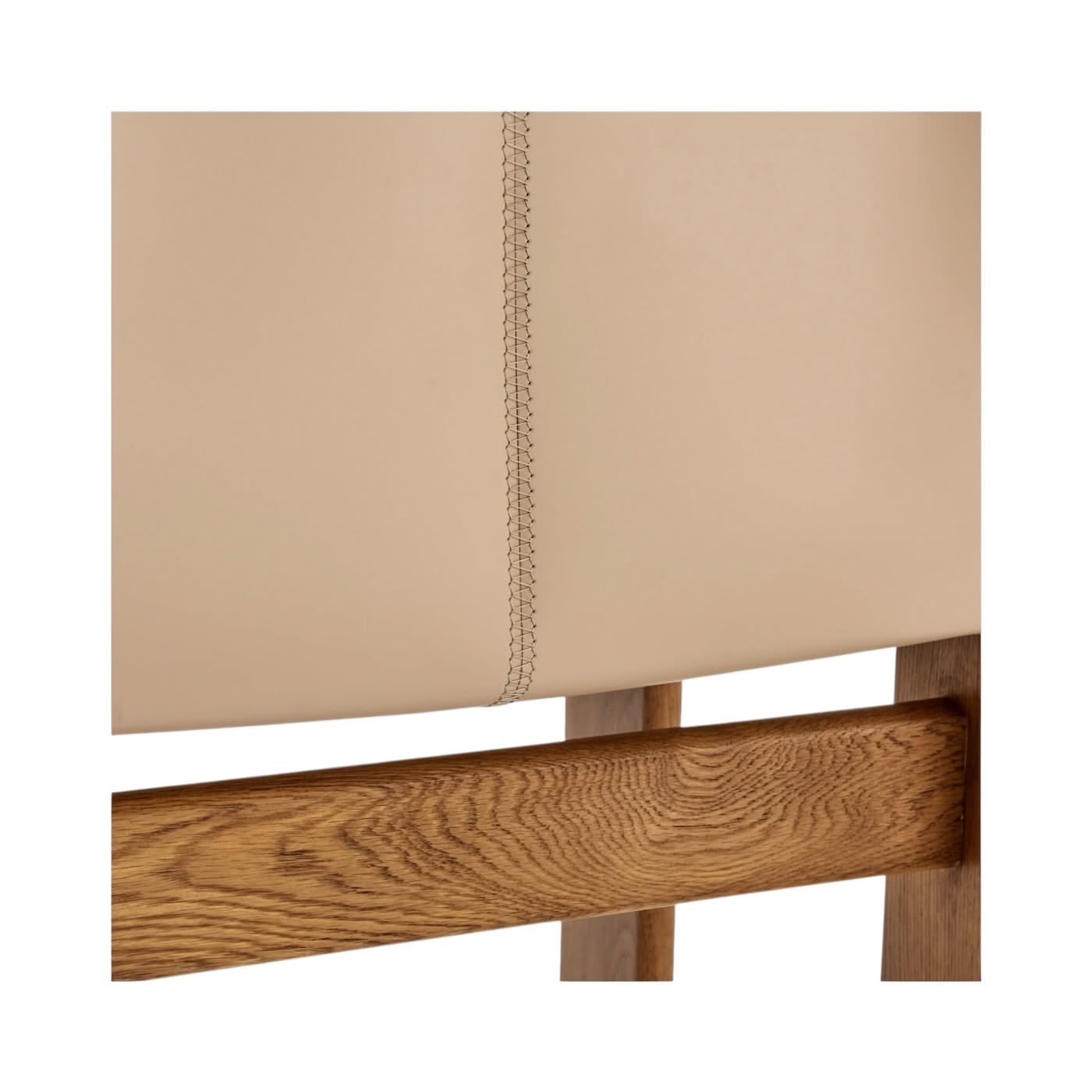 Close-up of beige upholstered seat with a wooden frame Nue Modern design.