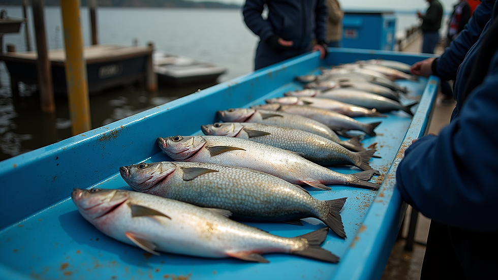 High angle view of a fishing tournament weigh-in station with fish on display