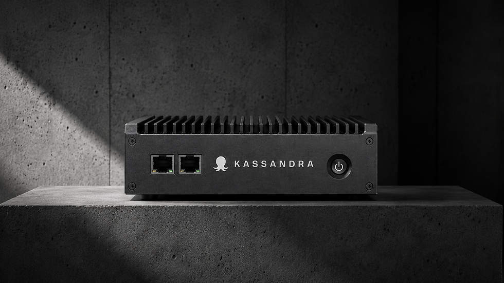 Kassandra fanless hardware with passive cooling on a textured concrete surface