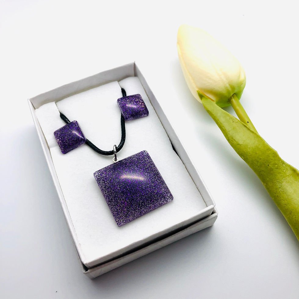 Thumbnail: Small Square Stud Earring and Glitter Pendant Resin set