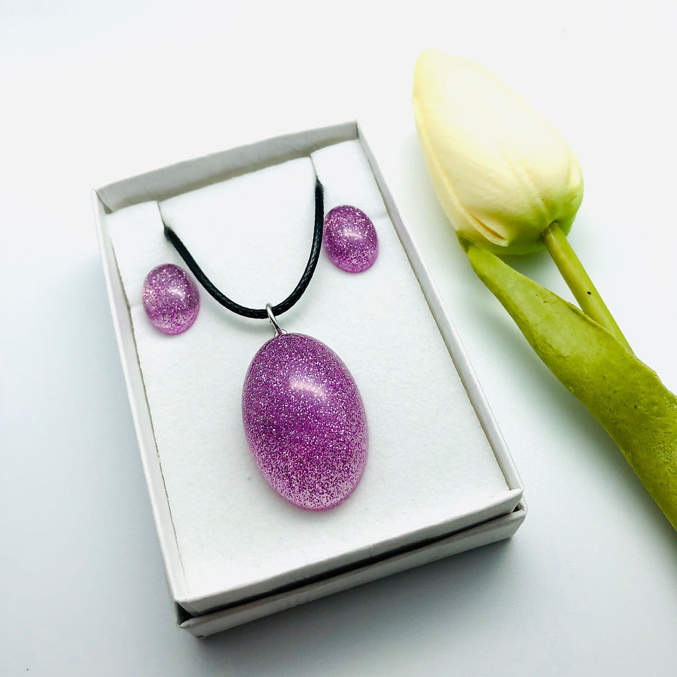 Thumbnail: Large Oval Glitter Pendant and Stud Earring Resin set