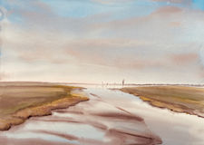 56 x 75 cm. Das Aquarell zeigt das Wattenmeer vor der Vareler Schleuse. Es ist früher Morgen, kurz vor Sonnenaufgang und das Wasser läuft langsam wieder auf. Am saftblauen Himmel ziehen letzte Wolken. Die neuen Picken markieren den Fahrweg, der von Salzwiesen eingefasst. Und en letzten feuchten Flächen des Watts spiegelt sich der Himmel. 25. April 2022