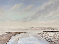 46 x 61 cm. 27. Februar 2026. Es ist recht windig an diesem Frühlingstag am Sehestedter Aussendeich. Der Regenradar zeigt, dass eine nasse Front unterwegs ist. Dennoch male ich ein zweites Aquarell, bevor ich mich beeile, den Ort zu verlassen.