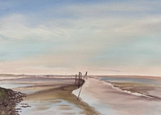 35 x 50 cm. Das Aquarell zeigt das Wattenmeer vor Dornumersiel. Bei Ebbe ist die Fahrrinne gut zu erkennen. Der Himmel zeigt eine leichte Bewölkung und ist blau und türkis gefärbt. 28. Januar 2022.