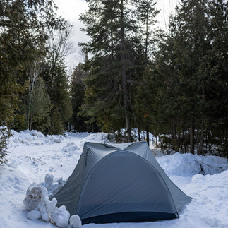 tent set up for cold tent, winter camping in MacGregor Point provincial park
