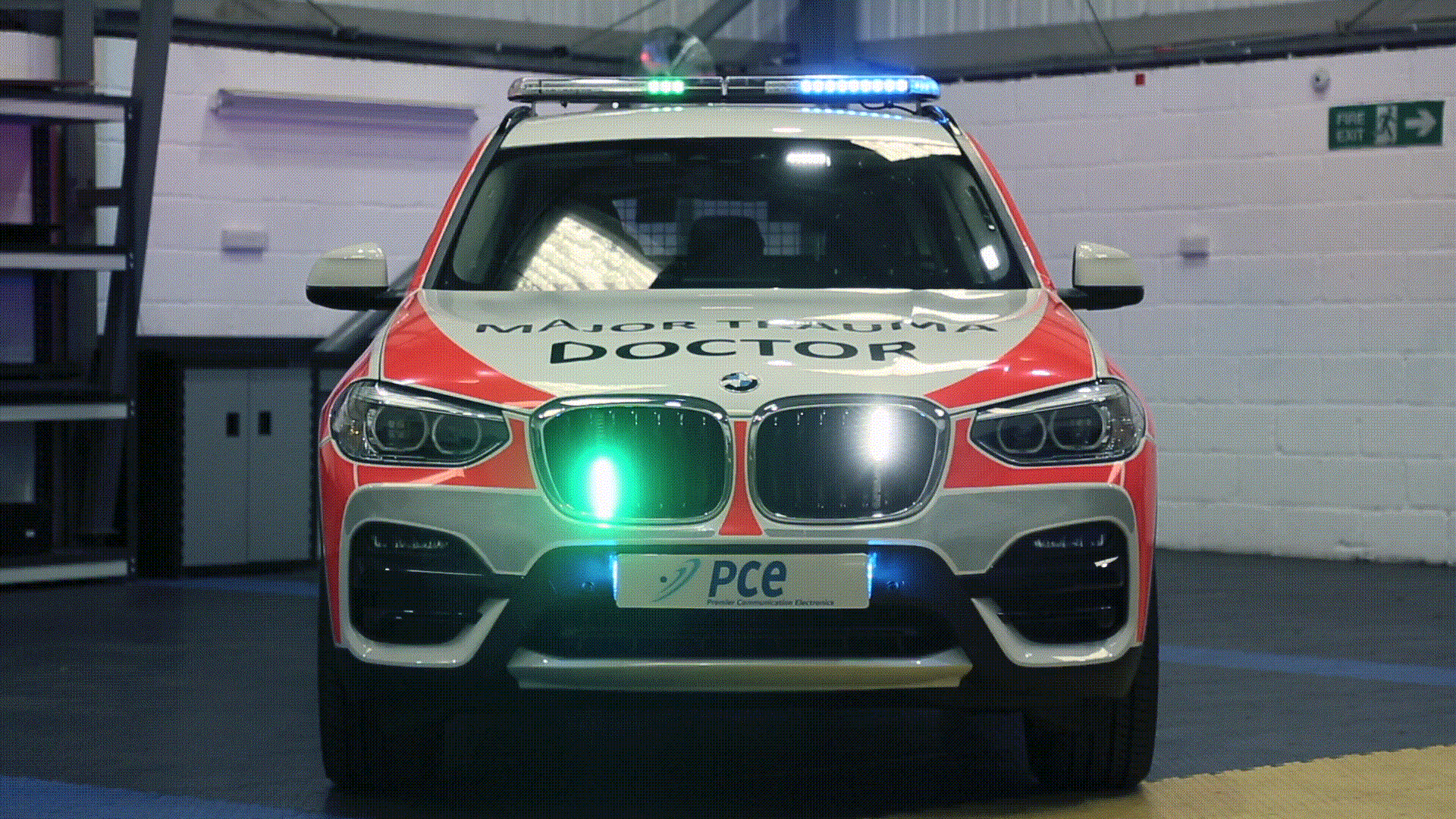 Blue and green lights fitted to emergency car