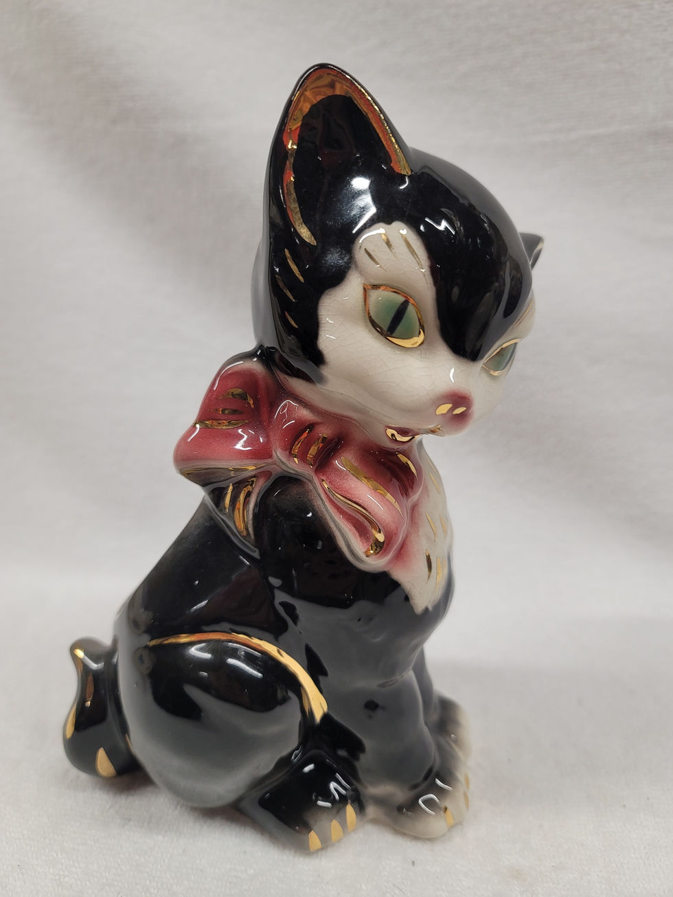 8" Royal Copley Right Facing Black Cat Planter with Light Gold Trim. Rare.