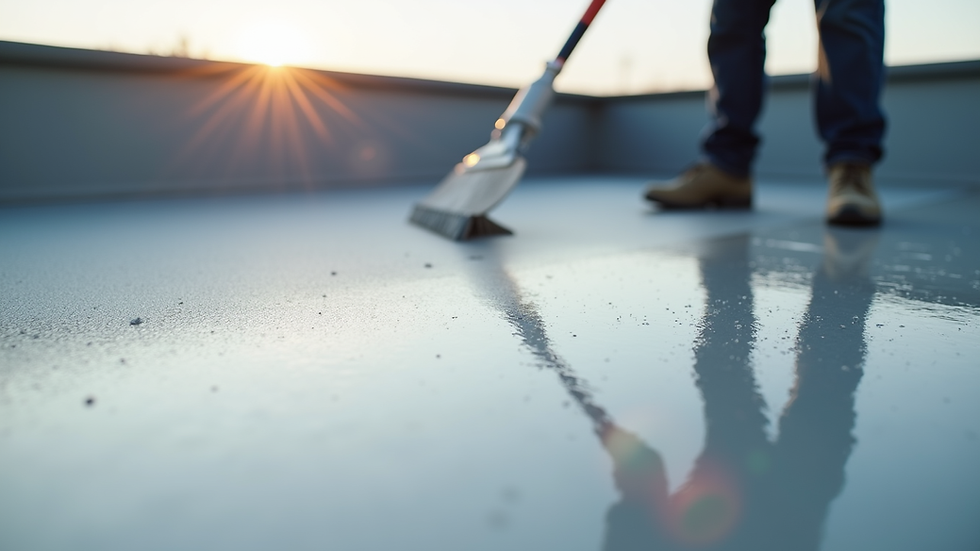 Close-up view of flat roof surface with waterproofing membrane being applied
