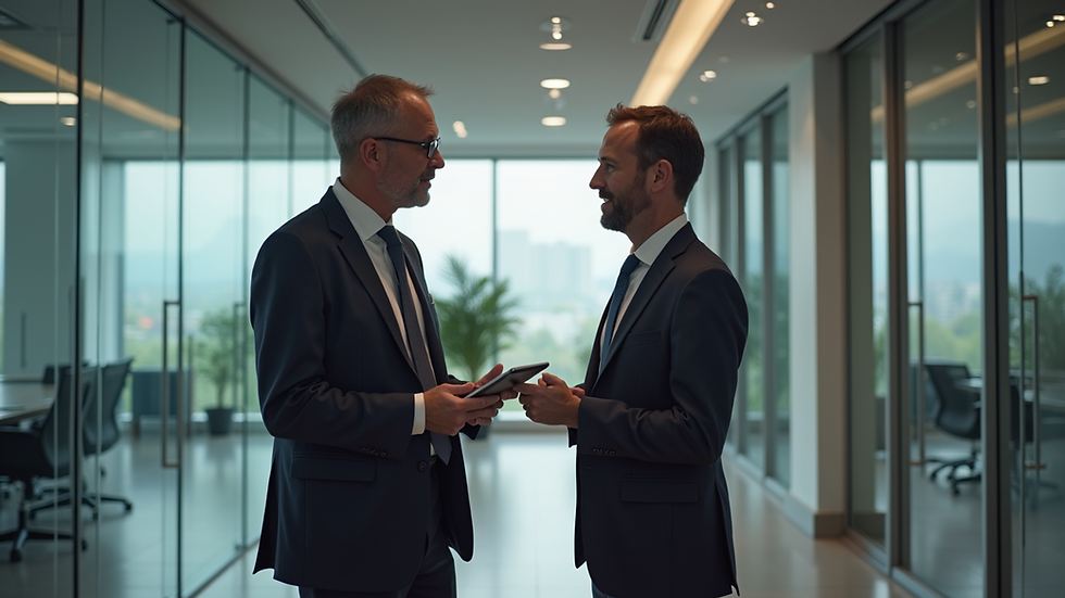 Eye-level view of a CIO and CDO discussing strategies in a modern office