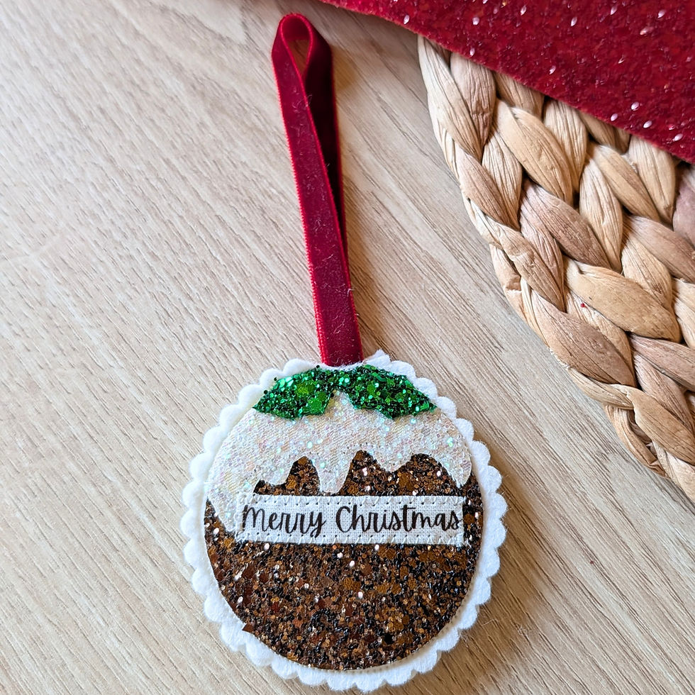 Handmade personalised Christmas pudding bauble in glitter fabric with felt backing, Merry Christmas message and luxury red ve