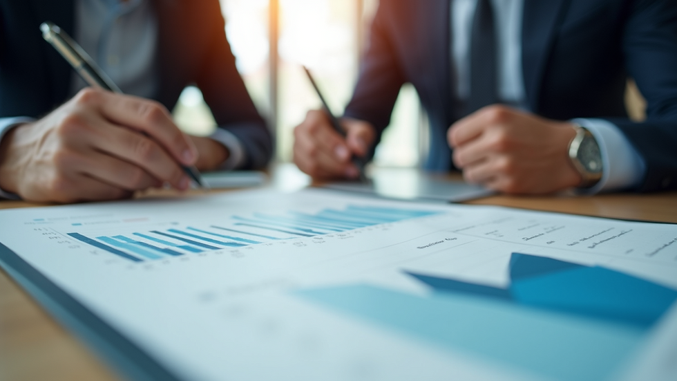 Eye-level view of a business meeting discussing financial charts