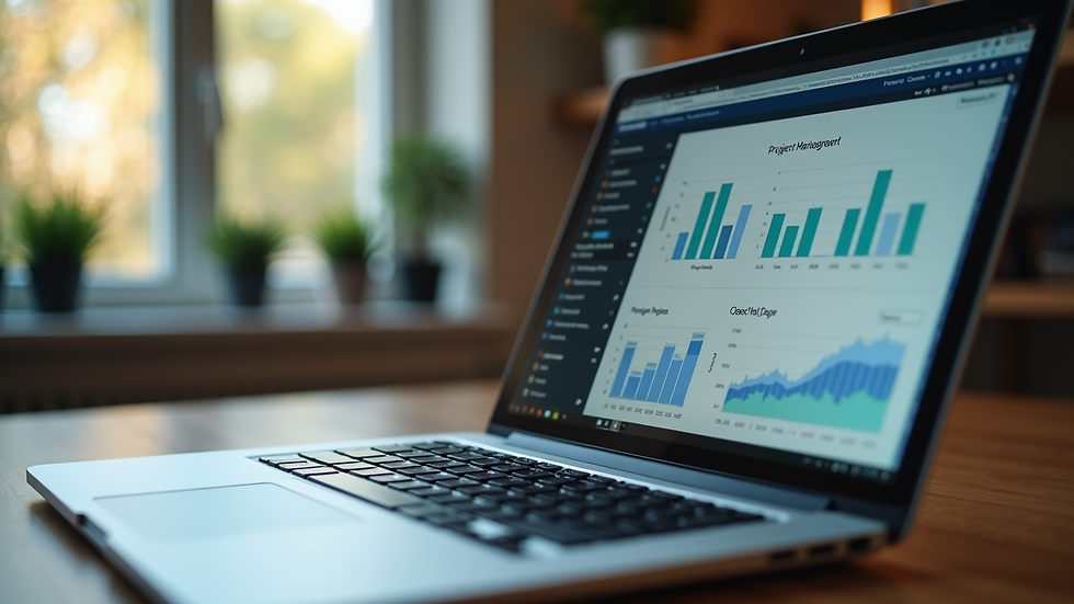 High angle view of a laptop screen displaying project management software