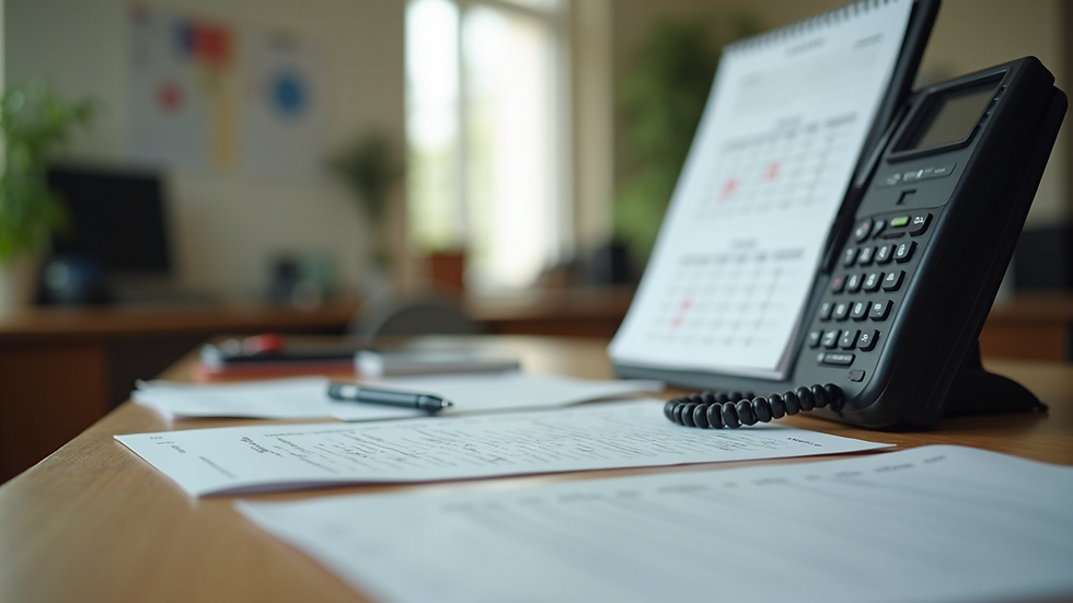 High angle view of a receptionist desk with a calendar and phone