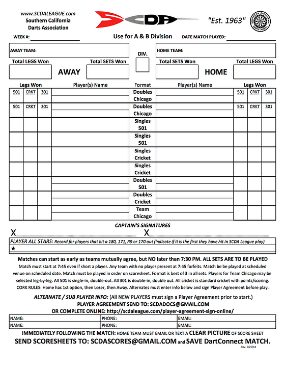 Score Sheets | SCDA League Darts