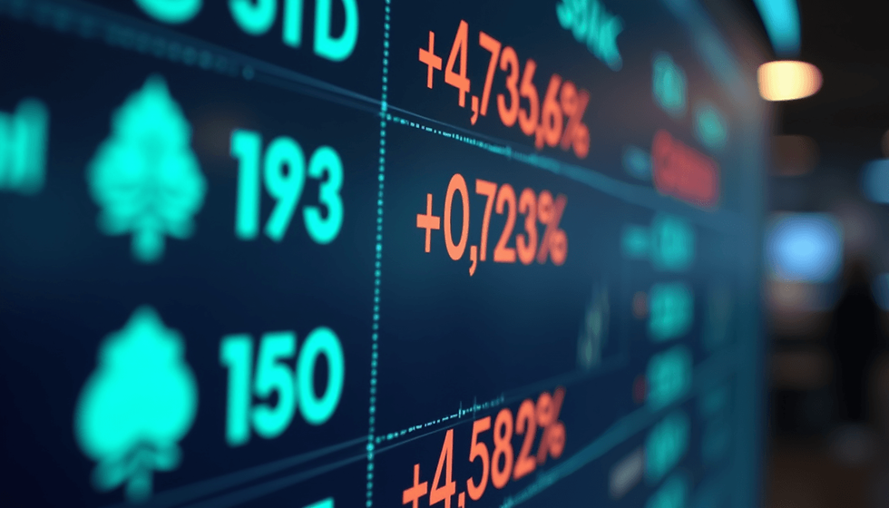 Eye-level view of a stock market trading screen displaying various stock prices