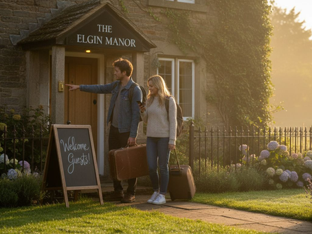 Couple arriving at Elgin guest house entrance