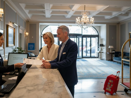 Couple checking in at hotel reception desk