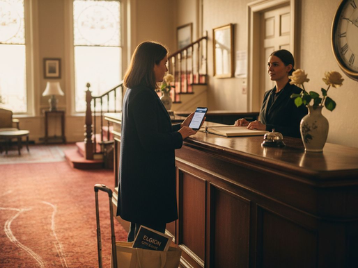 Guest extending hotel stay at Elgin reception