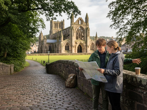 Travellers exploring Elgin town centre Scotland
