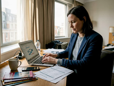 Business traveler working at hotel desk