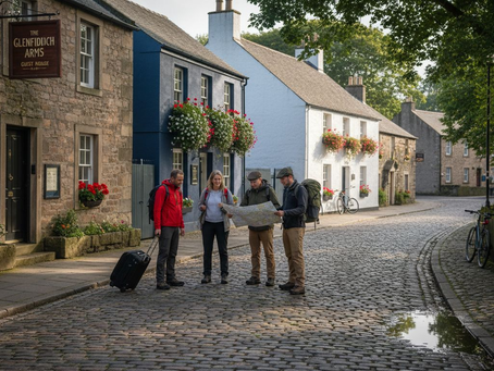Travelers outside different Elgin accommodation types