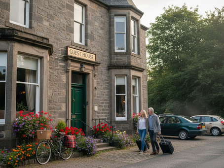 Victorian guest house exterior with arriving travelers