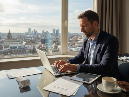 Business traveler working in hotel room