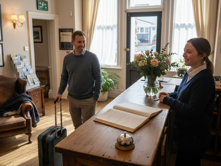 Receptionist greeting guest at lobby desk