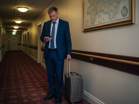 Business traveler pulling suitcase at Elgin hotel