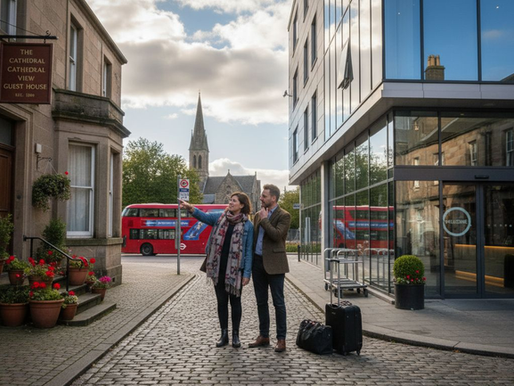 Comparing hotel and guest house exteriors in Elgin