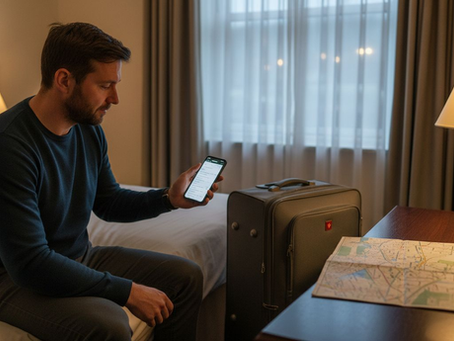 Traveler comparing hotel booking options in Elgin