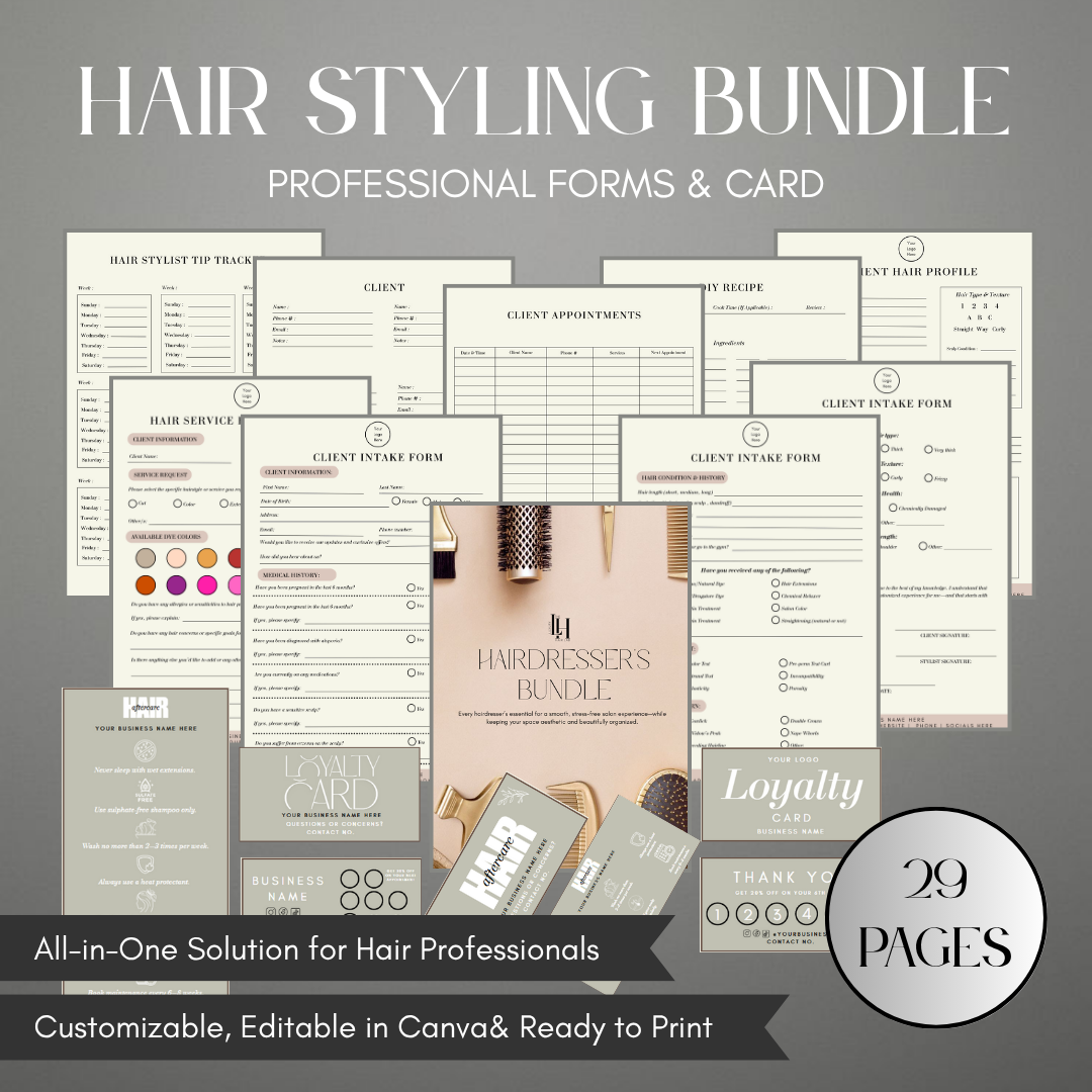 Hairstyling Bundle Canva Template | Editable Salon Client Forms & Business Tools